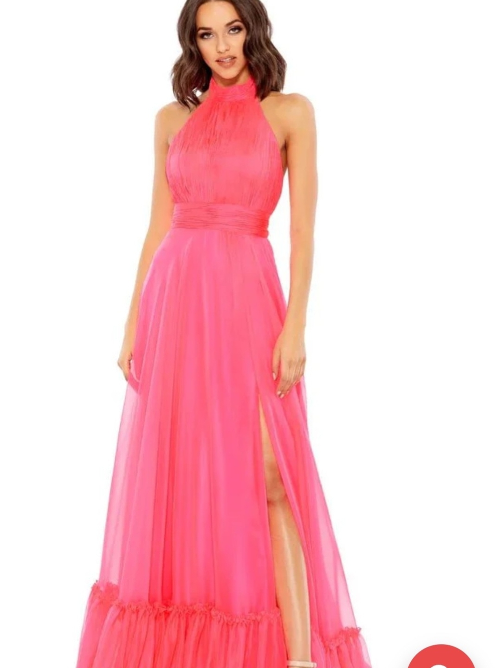 Mac Duggal Coral Pink Halter Maxi Gown
